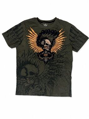 Rebel Spirit Olive Graphic Skull Tee with Orange Accents